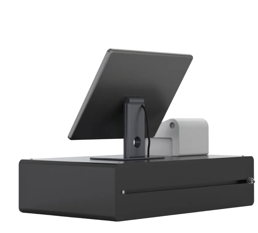 Terminal de punto de venta con pantalla, cajón de dinero y lector de código de barras