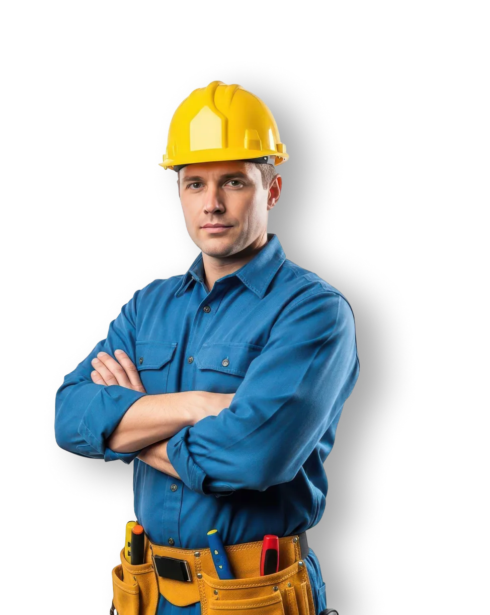 Trabajador de la construcción con casco y cinturón de herramientas
