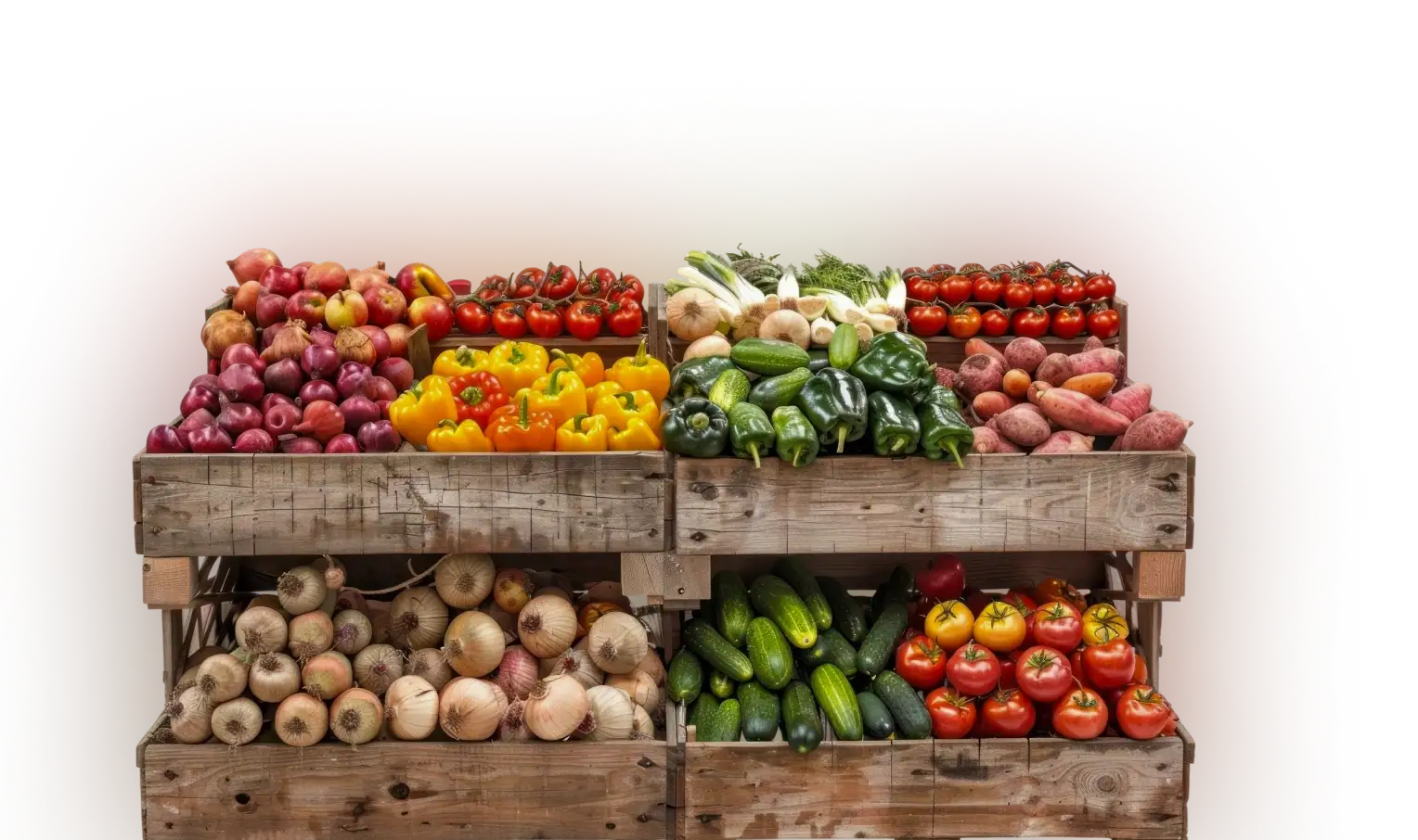 Estante de minisúper con cajas de frutas y verduras